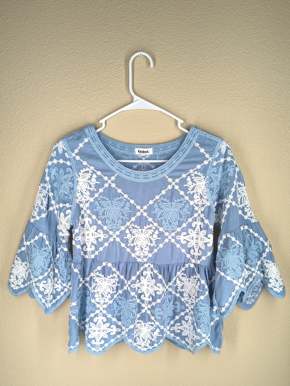 Light Blue Embroidered Lace Peasant Top